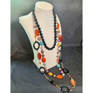 3 Beaded Necklaces Stone Glass Mixed Beads Long Layering Boho Deep Rich Colors